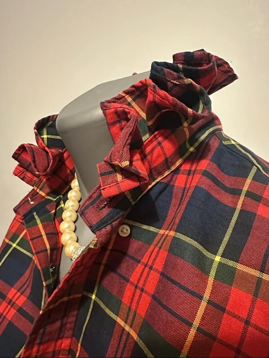 Ralph Lauren Red Navy Yellow Plaid re-worked ruffle collar shirt - Picture 3 of 7